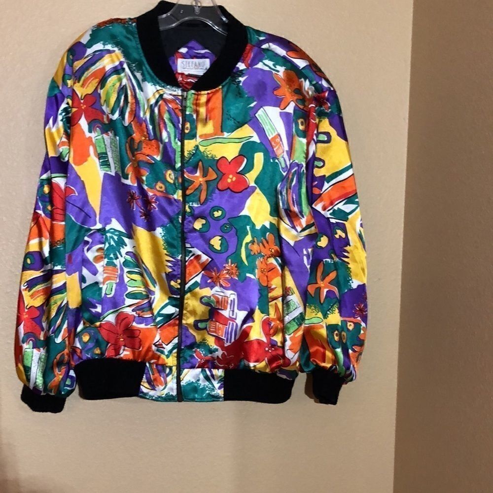Stefano World Wide 80s Abstract Satin Bomber Jacket, zip front two pocket Size L